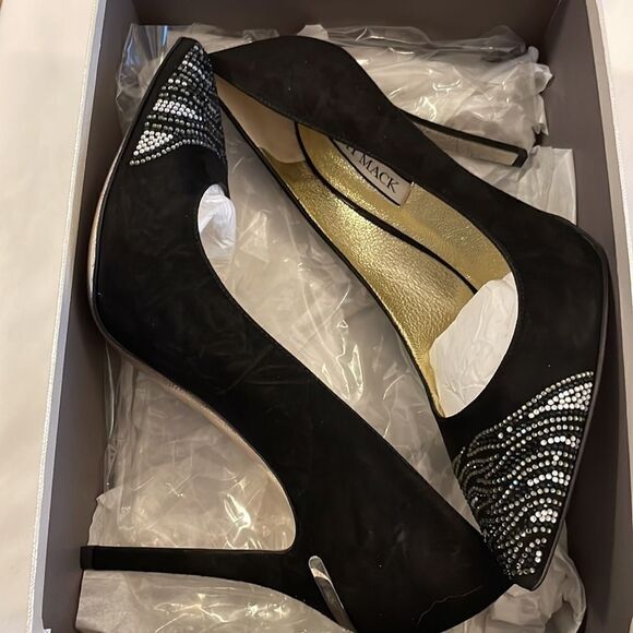 EMY MACK BLACK SUEDE PUMPS, SILVER DESIGN AT TOES. 4.5” HEELS. PADDED IN… - Picture 9 of 10